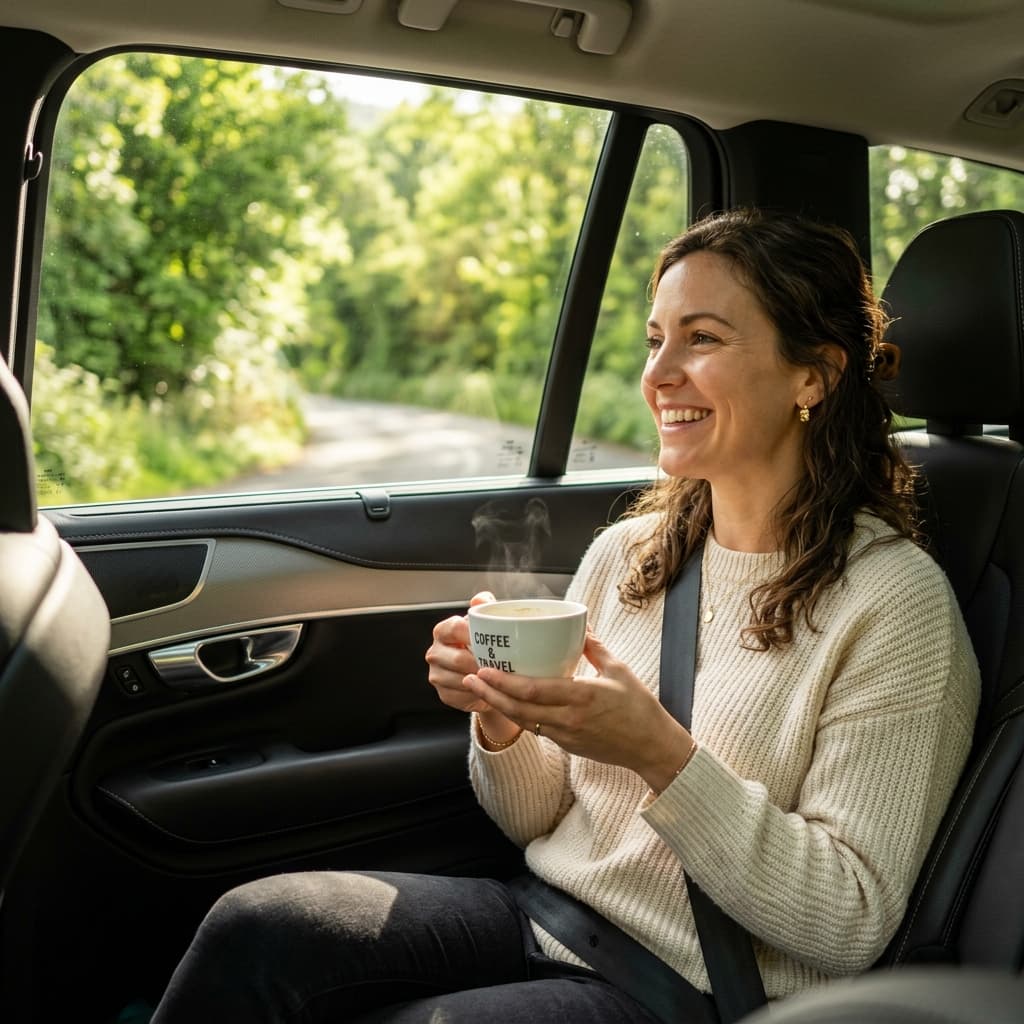 Happy passenger enjoying a comfortable cab ride with CabYatra